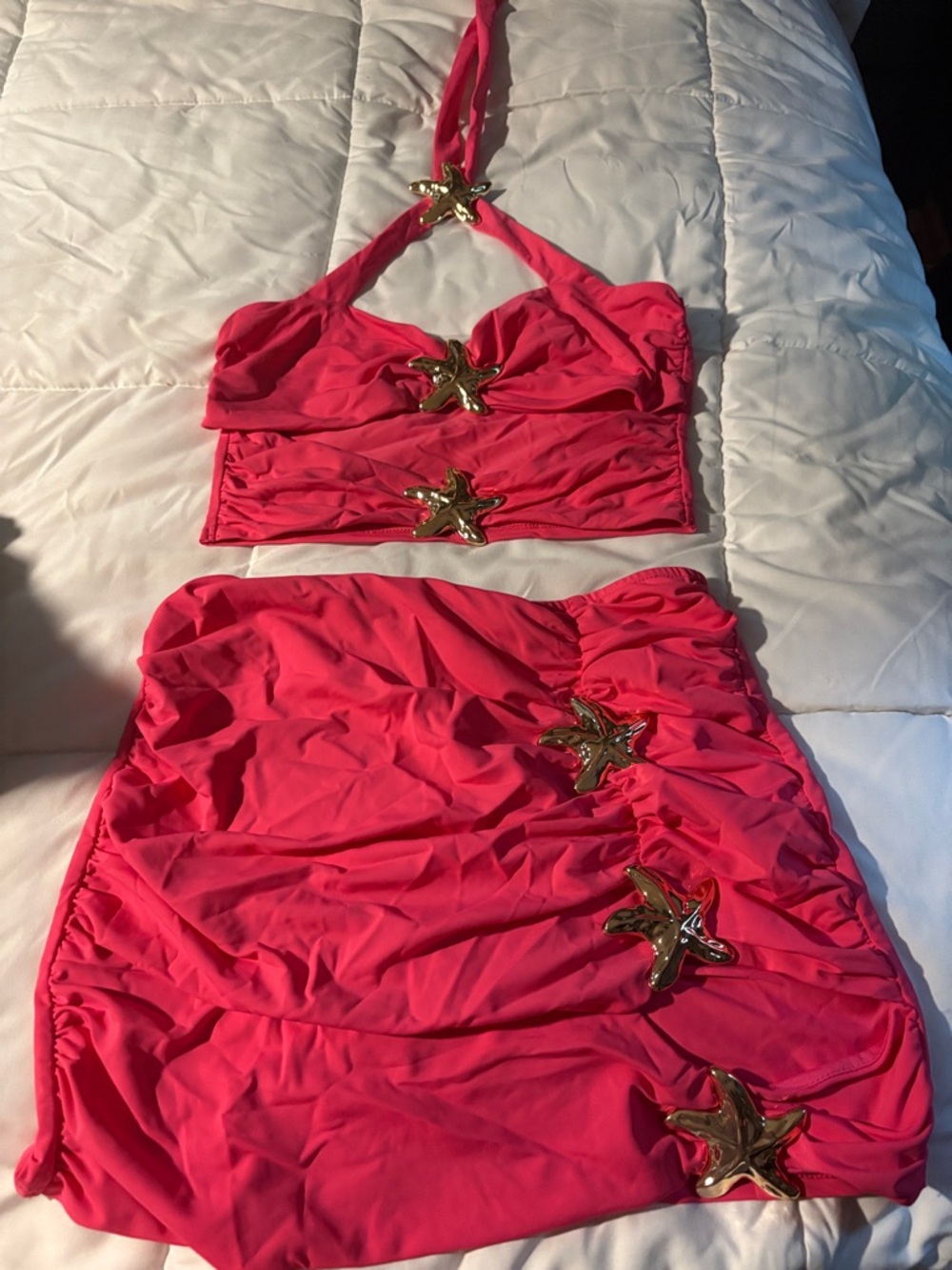 Fashion Nova Hot Pink Starfish Two-Piece Swim Set with Gold Accents